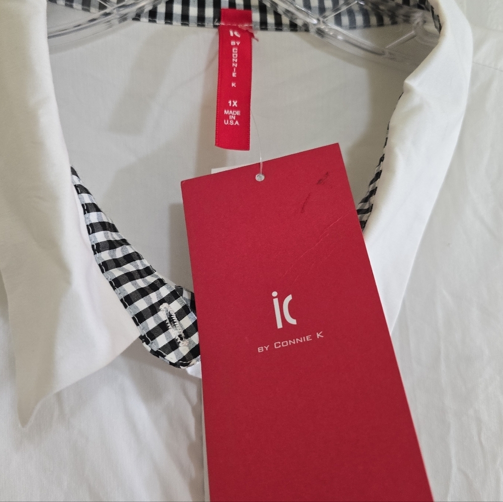 NWT IC by Connie K White Button Down A-line Tunic Top 1X Gingham Trim Bow Cuffs - Picture 9 of 12
